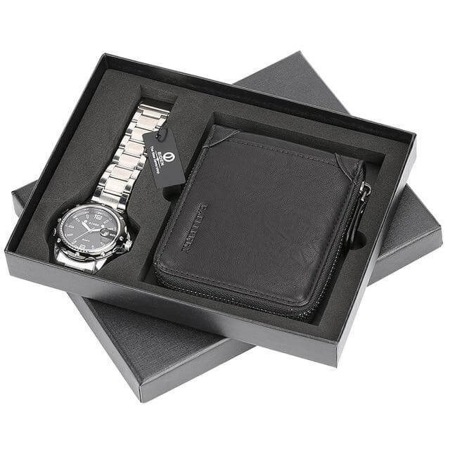 Men Watches Steel/Leather Gift Set