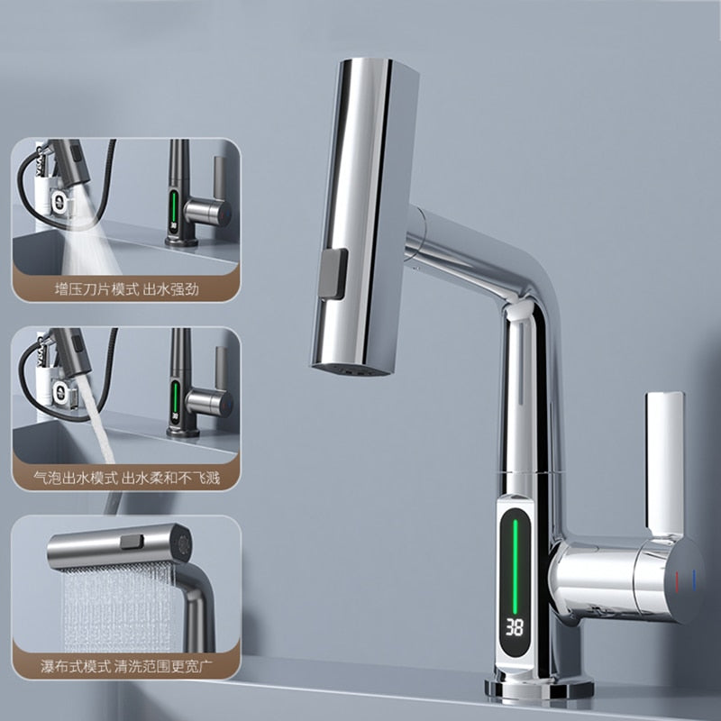 Modern Sleek Waterfall Temperature Display Faucet