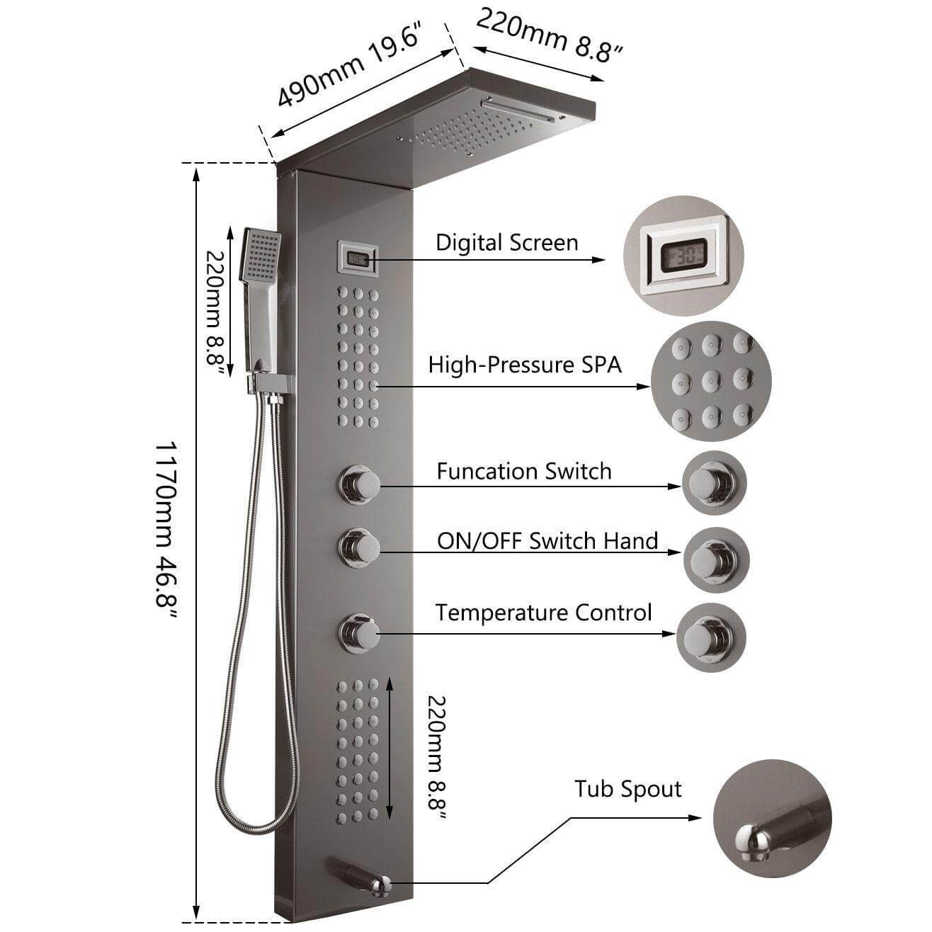 Elegant Digital Massage System Digital Led Panel Shower Sets