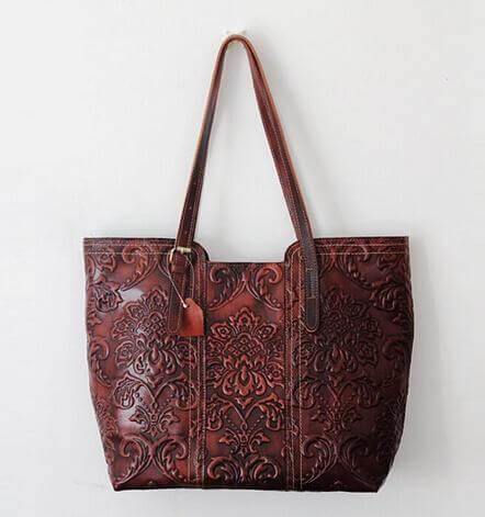 Handmade Vintage Genuine Leather Flower Pattern Women Bag