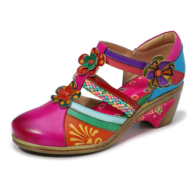 Retro Leather Flower Hollow Out Sandals