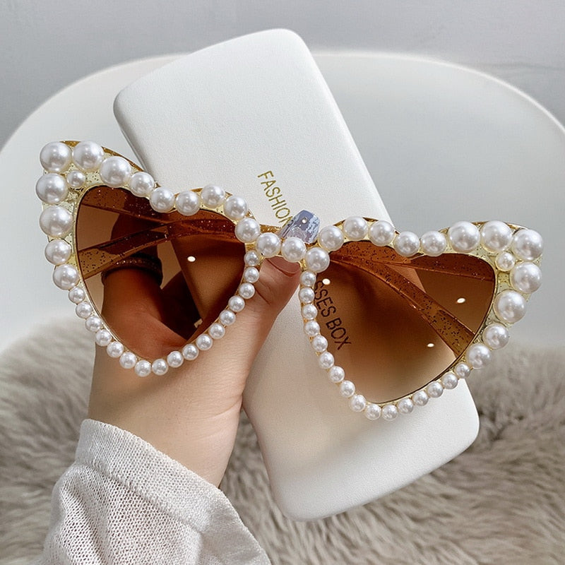 Pearl Heart Retro Cat Eye Sunglasses