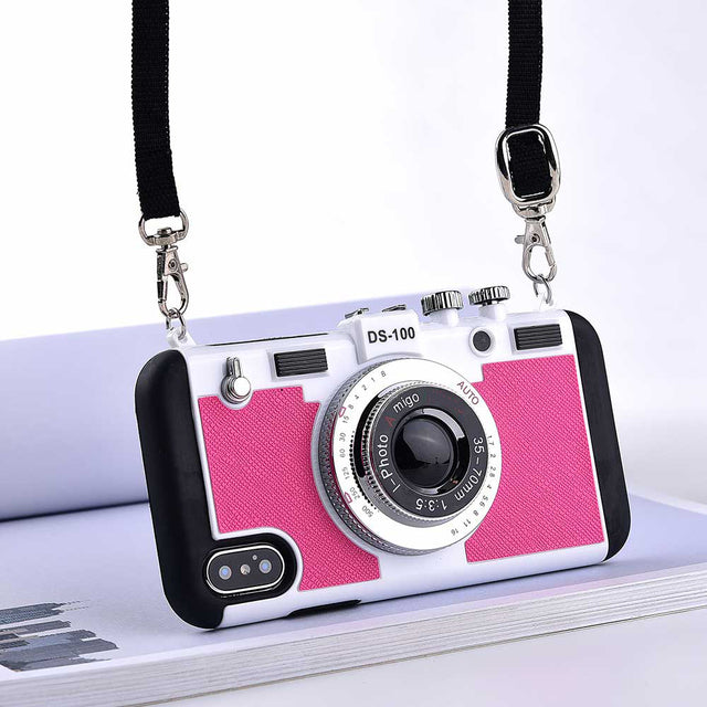 Retro Camera Silicone Iphone Cases With Long Strap Rope