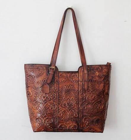 Handmade Vintage Genuine Leather Flower Pattern Women Bag