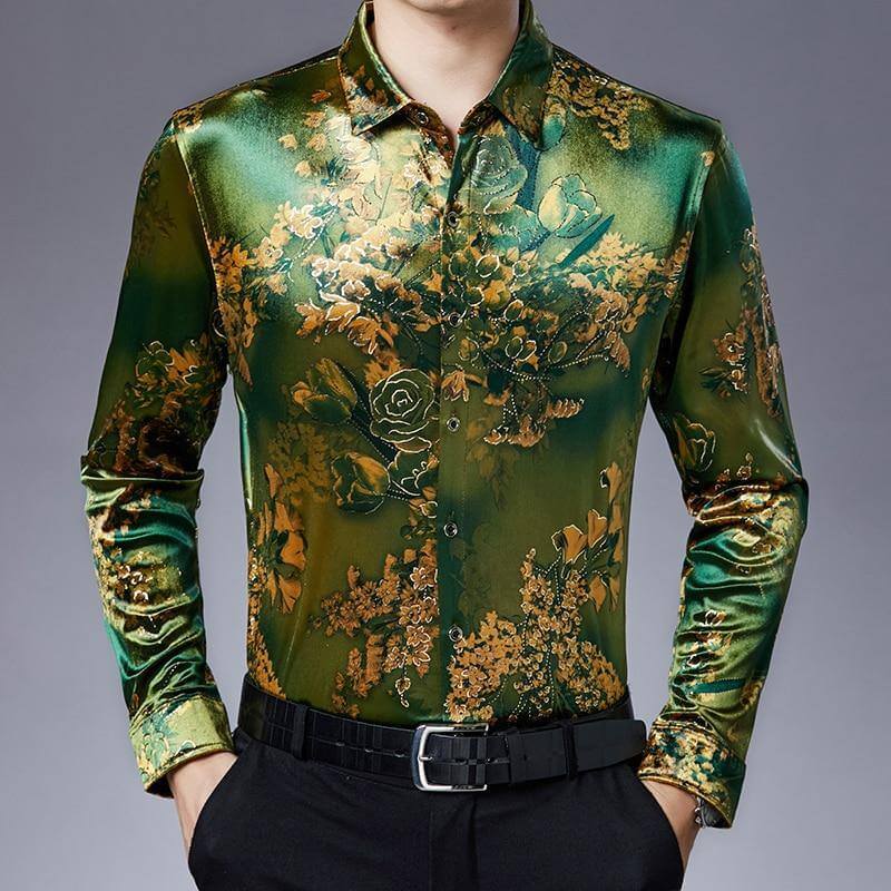 Stretch Velvet Flower Long Sleeve Men Shirt