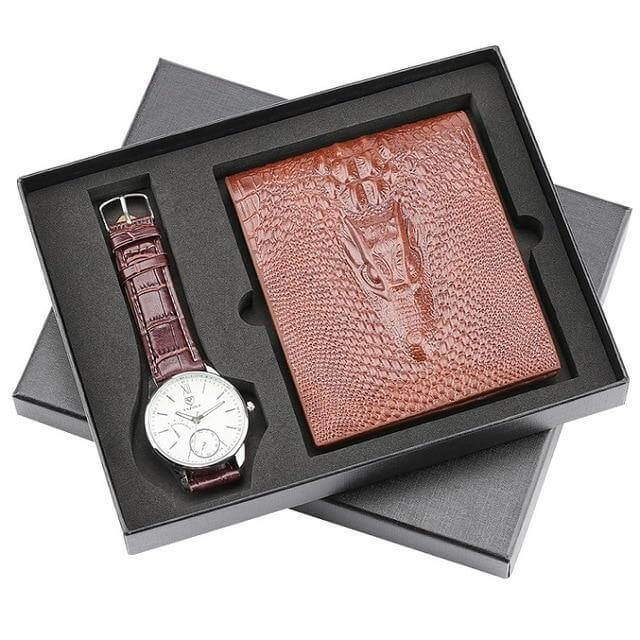 Men Watches Steel/Leather Gift Set