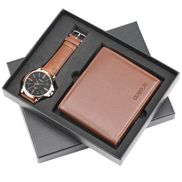 Men Watches Steel/Leather Gift Set