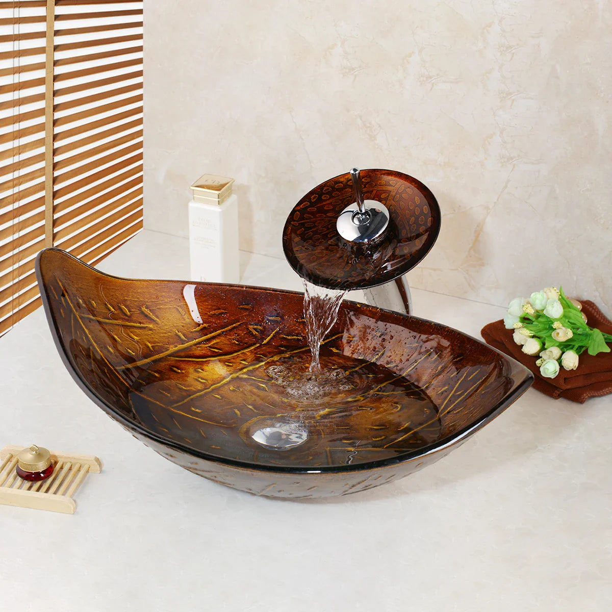 Oval Vessel Tempered Glass Waterfall Faucet Combo Sink