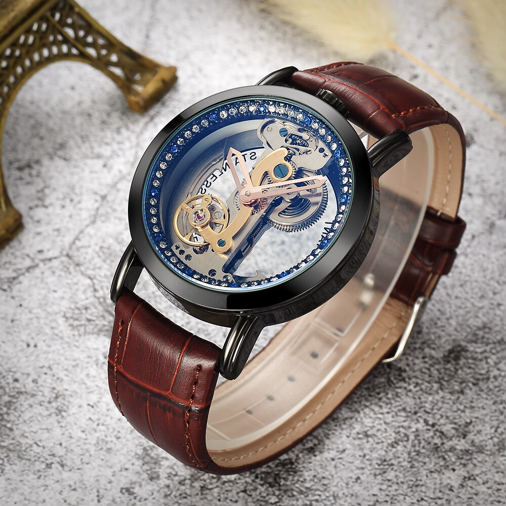 Crystal Mechanical Transparent Leather Watch