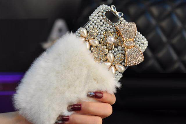 Crystal Diamond Bowknot Pearl Flower Rabbit Fur Iphone Case