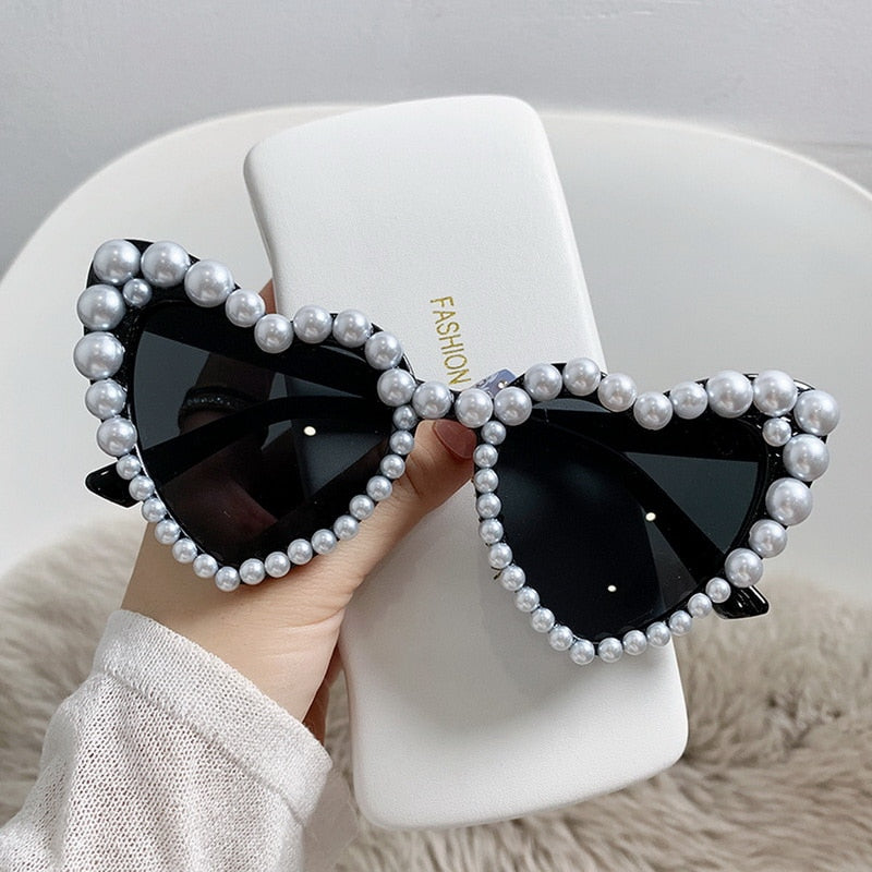 Pearl Heart Retro Cat Eye Sunglasses