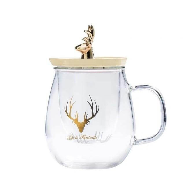 Double Wall Glass Cup With Deer Shape Ceramic Lid