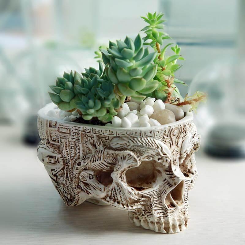 Hand Carved Skull Flower Pot Home Decoration