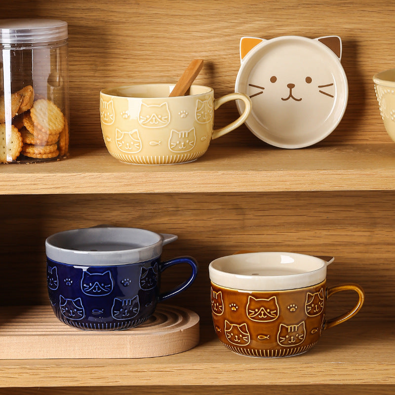 Japanese Ceramic Cat Breakfast Mug with Lid