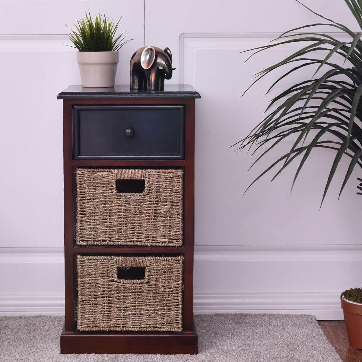 3 Tiers Wooden Nightstand with 1 Drawer 2 Baskets