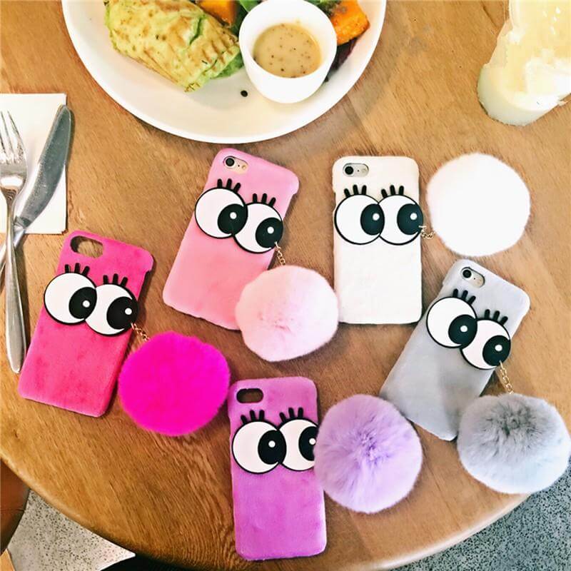 3D NBling Big Eyes With Real Soft Fur Ball Iphone Cases