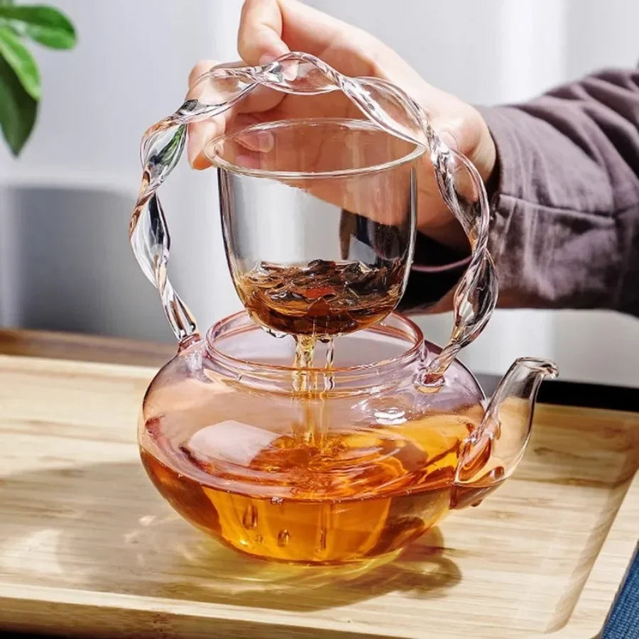 Floral Lid Design Tea Infuser Glass Teapot