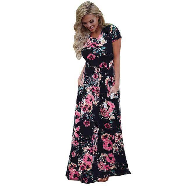 Women Bohemia Short Sleeve O Neck Floral Summer Dress