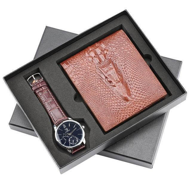 Men Watches Steel/Leather Gift Set