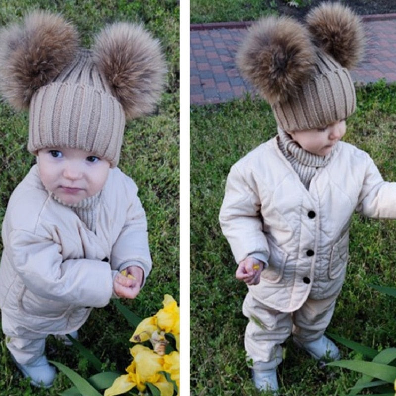 Baby Girl Hat Raccon Fur Two Ball Caps For Baby