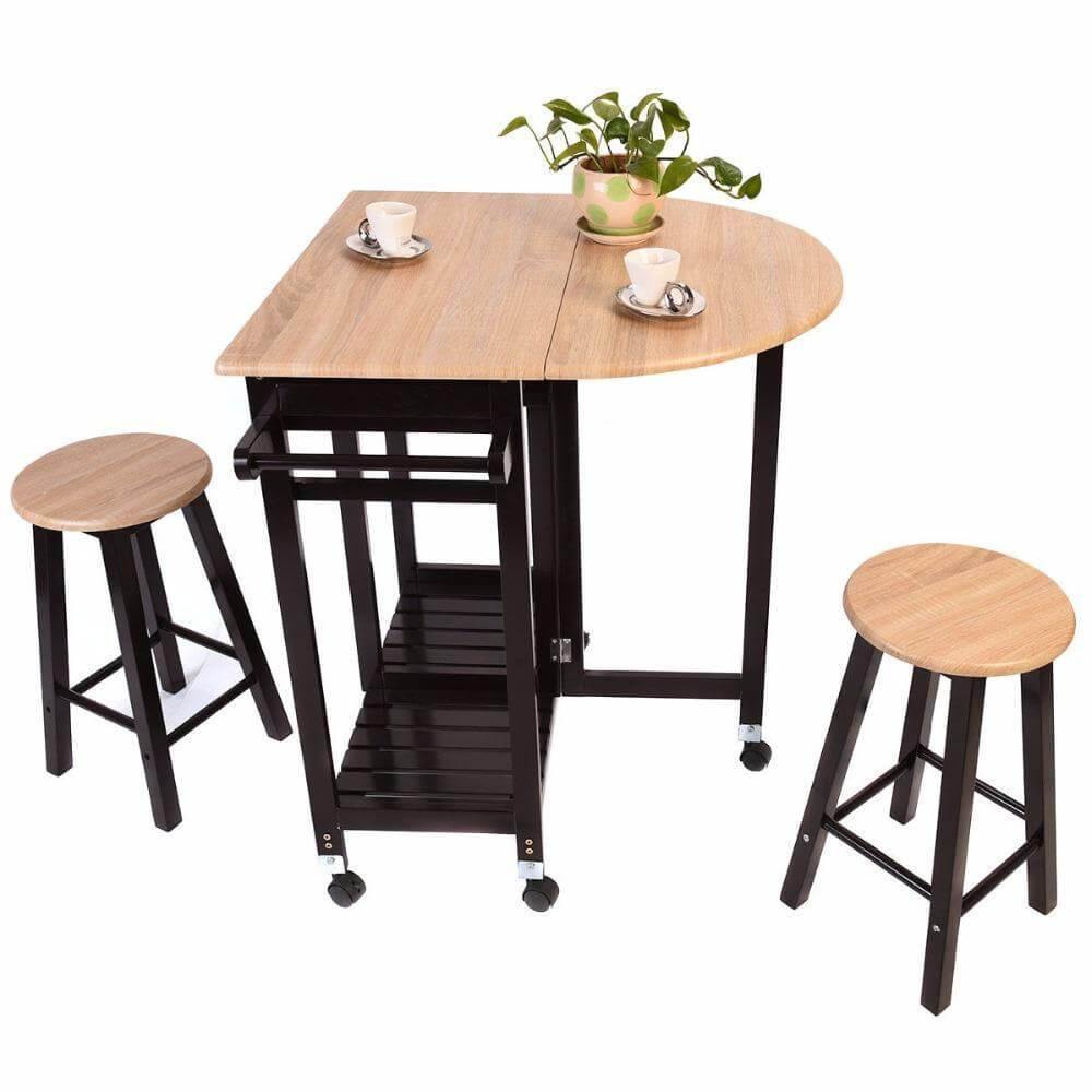 Wood Kitchen Island Table with 2 Stools