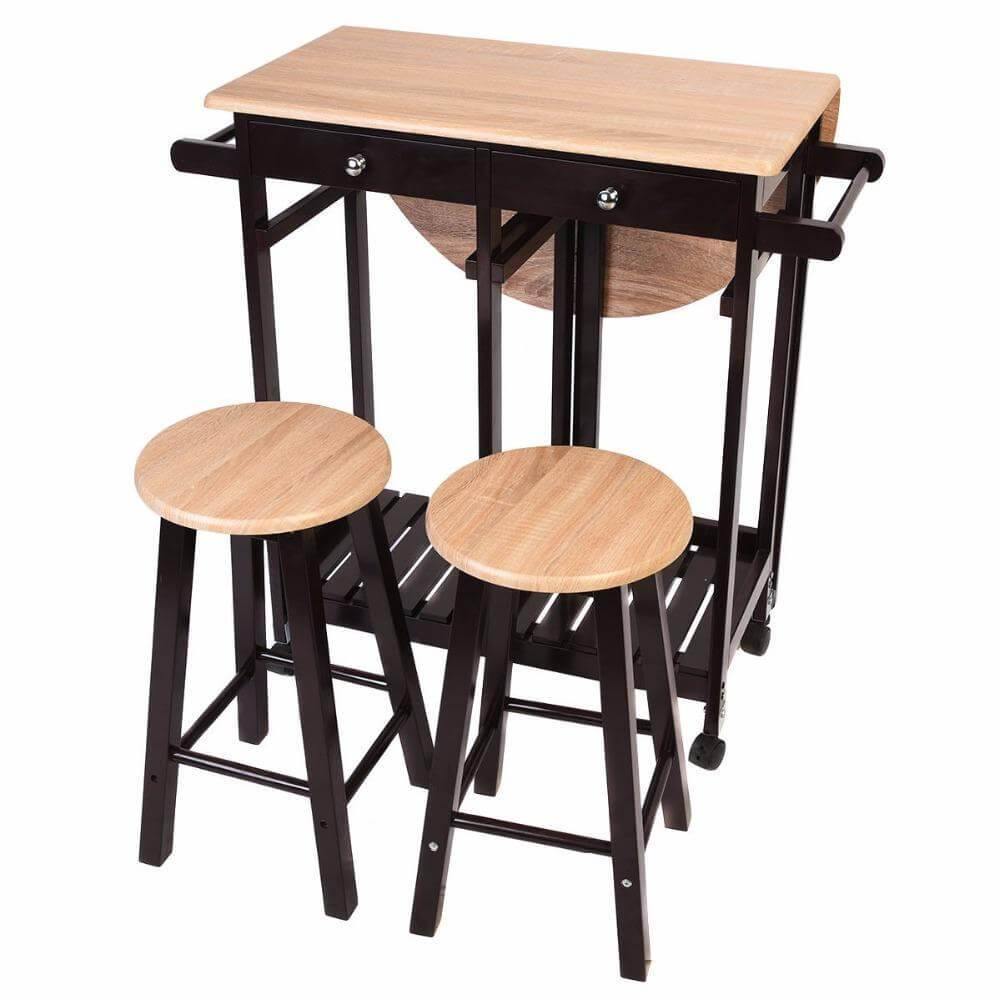 Wood Kitchen Island Table with 2 Stools