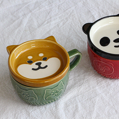 Japanese Ceramic Cat Breakfast Mug with Lid