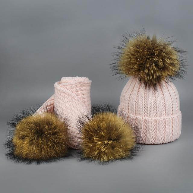 Warm Knitted Fur Hat Scarf Set