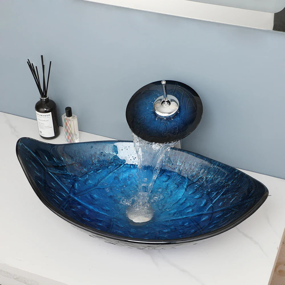 Oval Vessel Tempered Glass Waterfall Faucet Combo Sink