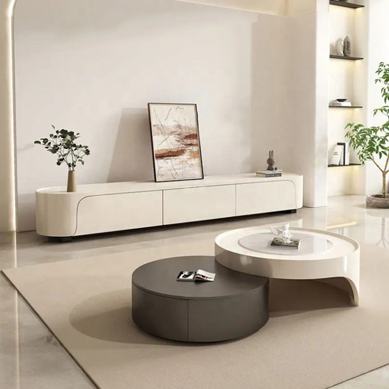 Modernist Dual-Tier Retractable Circular Lounge Coffee Table