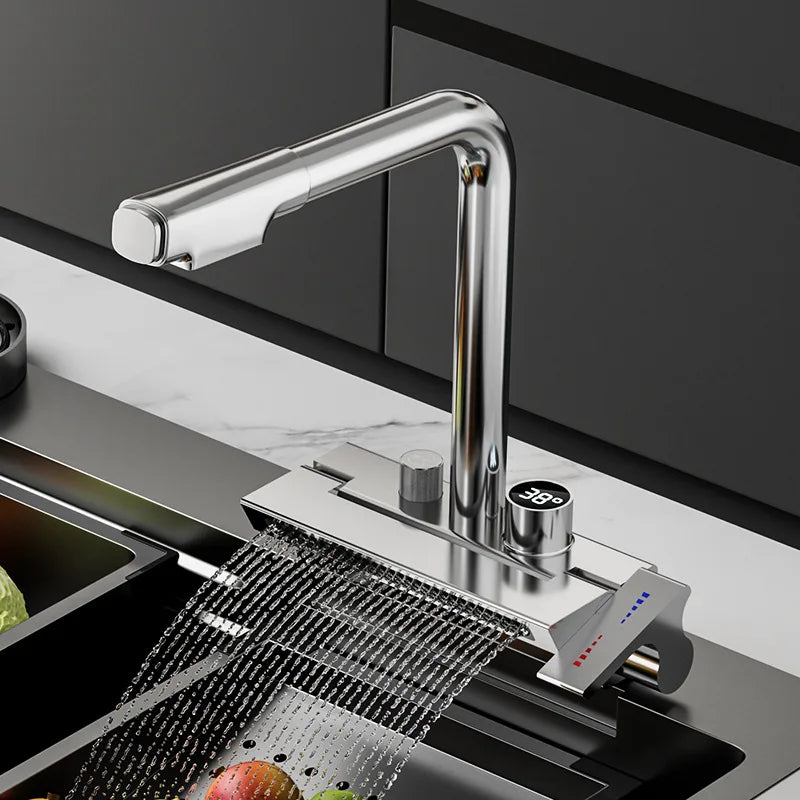 Digital Pull-Down Rain Waterfall Kitchen Faucet