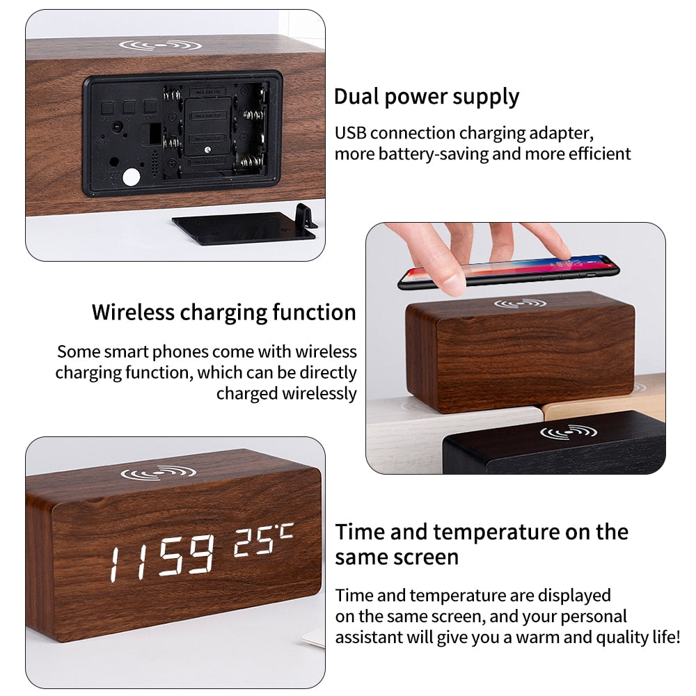 Modern Wooden Wireless Charging Alarm Clock