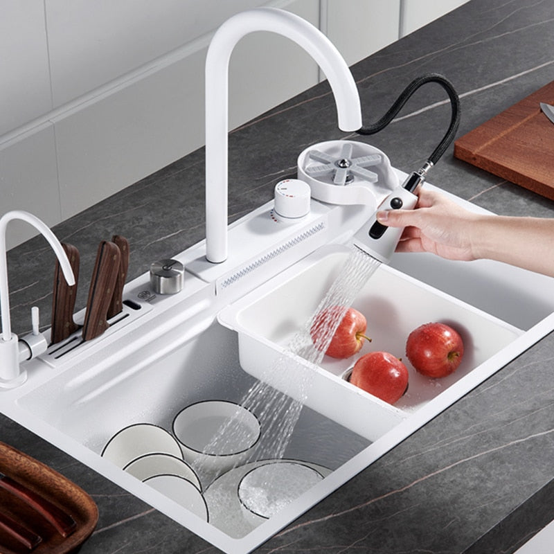 Sleek White Topmount Waterfall Stainless Steel Sink