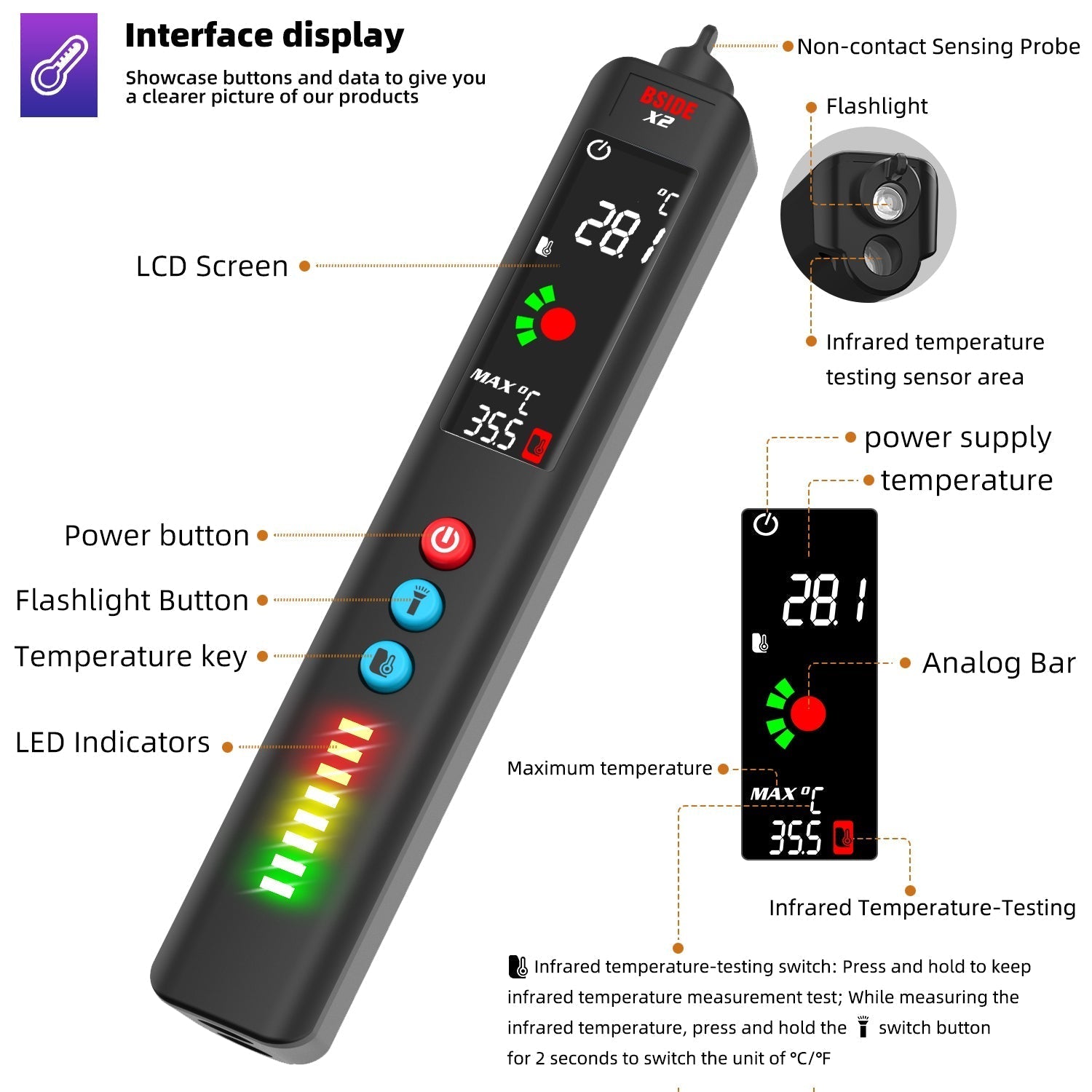 LCD Result Display Voltage Tester Thermometer