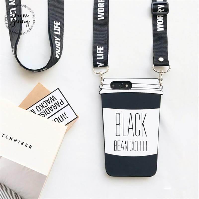 3D Silicon Black Coffee Cup Iphone Case With Strap