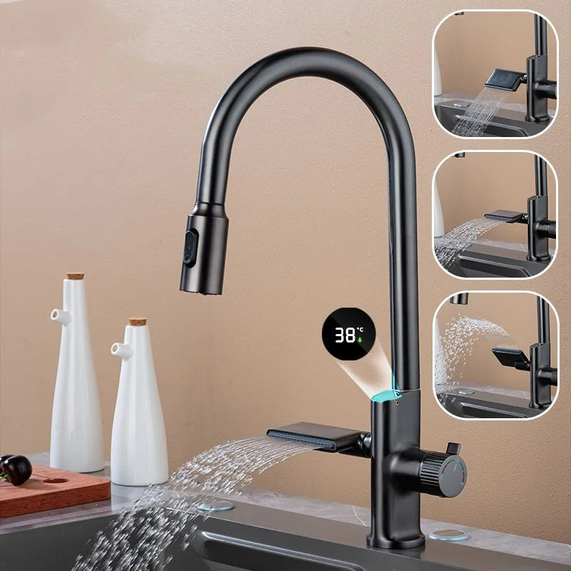 Waterfall Temperature Sensor Digital Display Kitchen Pull-Out Faucet