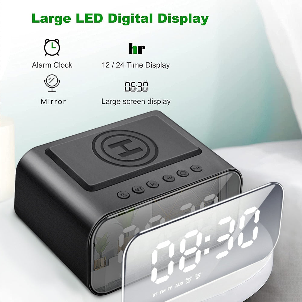 Wireless Dijital Alarm Clock Phone Charger Speaker