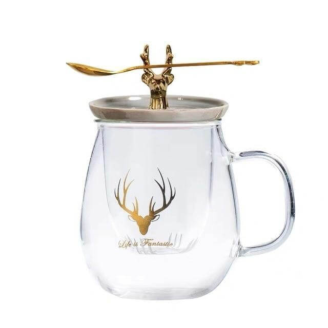 Double Wall Glass Cup With Deer Shape Ceramic Lid