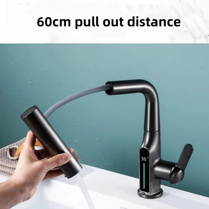 Liftable Digital Temperature Display Waterfall Basin Faucet