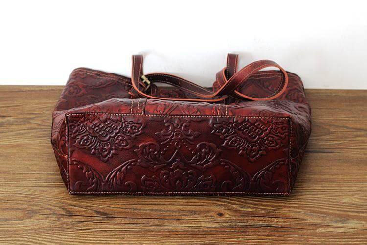 Handmade Vintage Genuine Leather Flower Pattern Women Bag