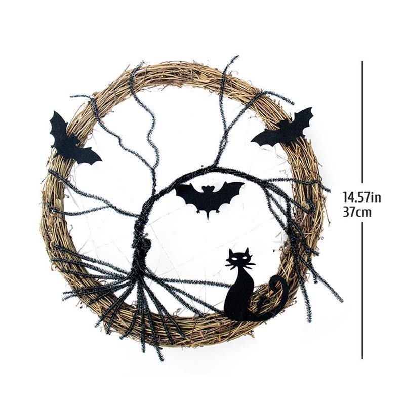 Black Bat Cat Halloween Door Wreath Led Light