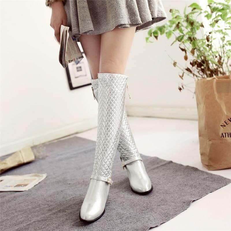 Square Heels Fur  High Boots for Women