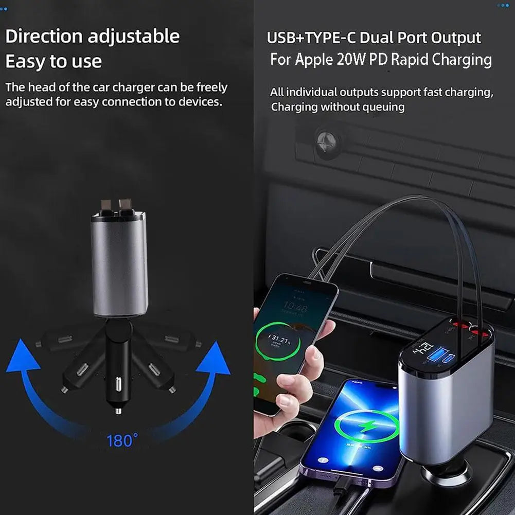 4in1 Retractable Fast Charging Car Lighter Charger