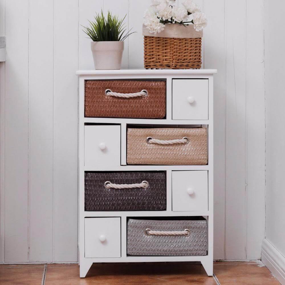 Wooden 4 Drawer 4 Woven Basket Storage Cabinet