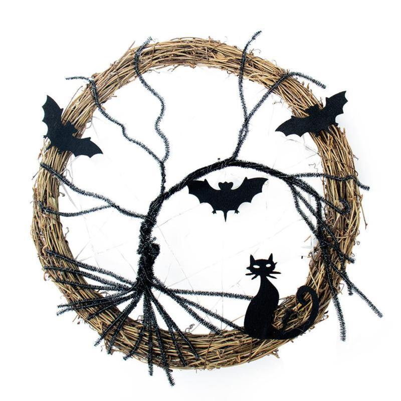 Black Bat Cat Halloween Door Wreath Led Light