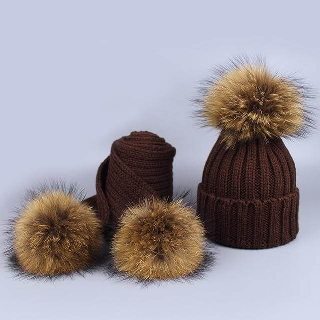 Warm Knitted Fur Hat Scarf Set