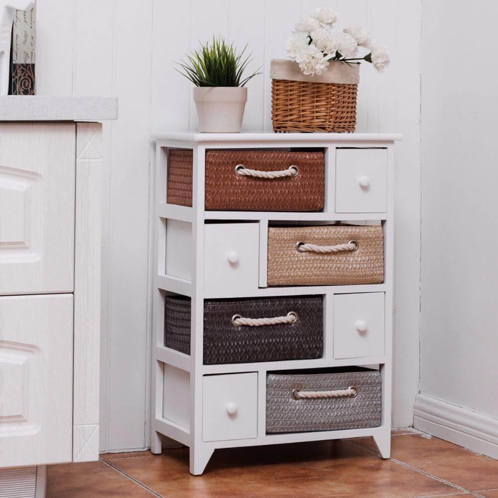 Wooden 4 Drawer 4 Woven Basket Storage Cabinet