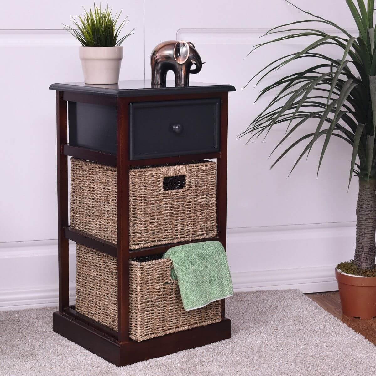 3 Tiers Wooden Nightstand with 1 Drawer 2 Baskets