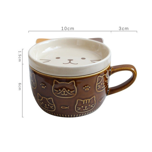 Japanese Ceramic Cat Breakfast Mug with Lid