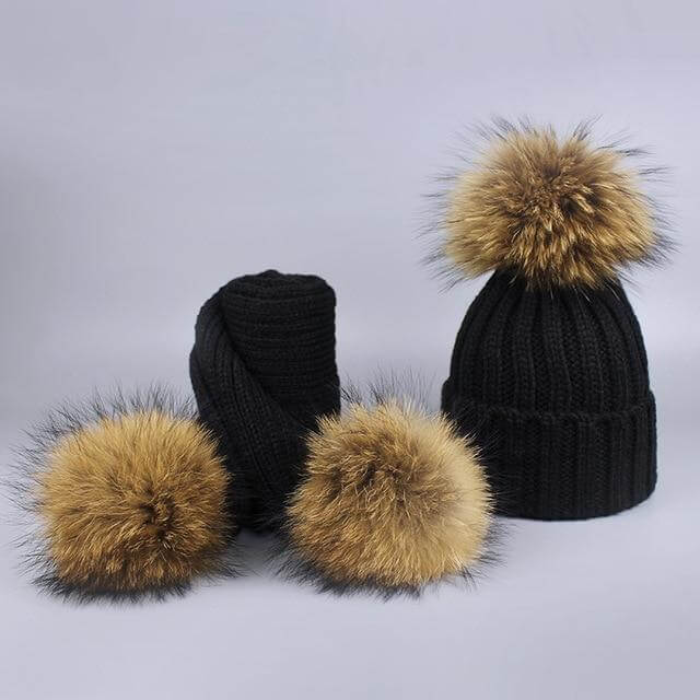 Warm Knitted Fur Hat Scarf Set